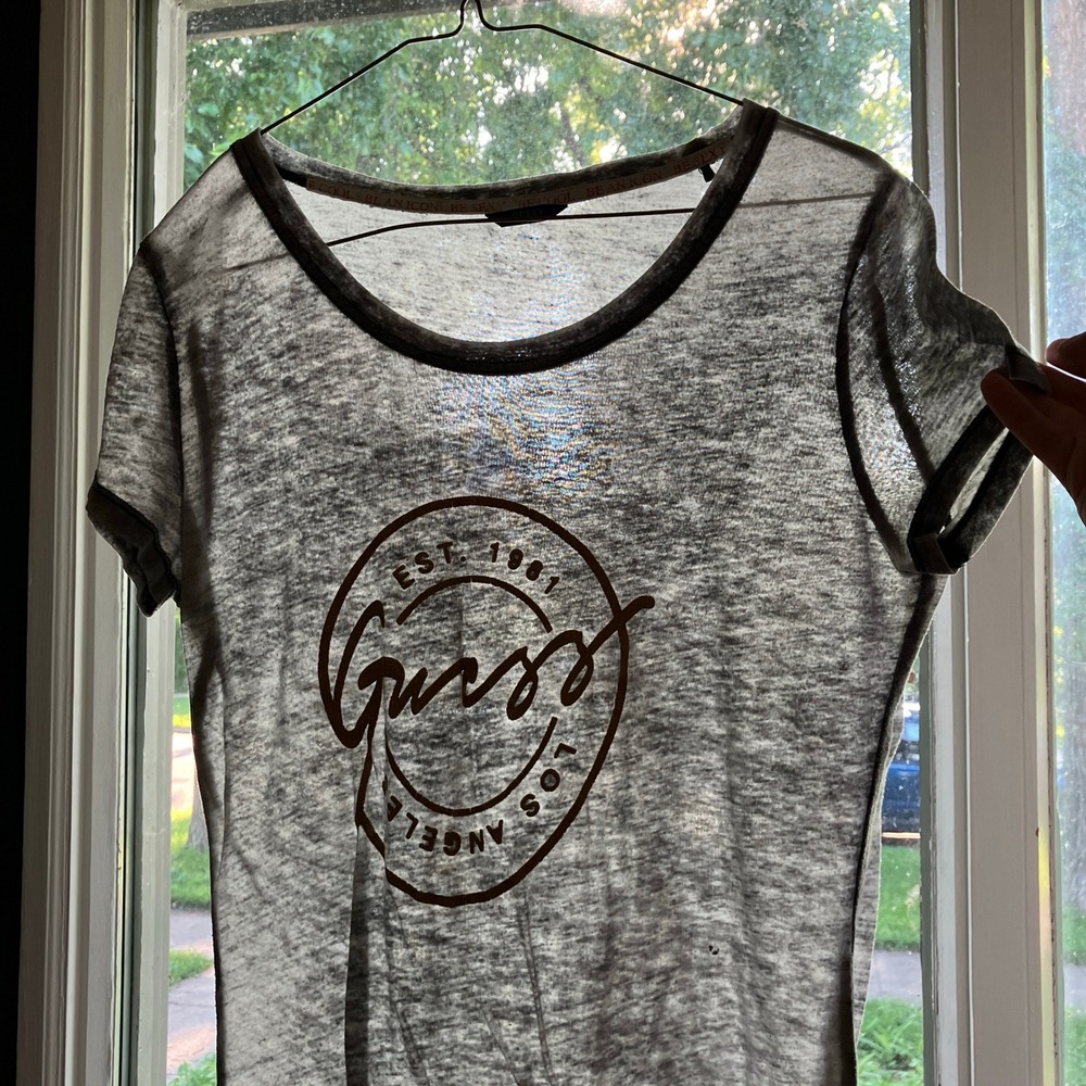 Vintage Y2K Guess Paper Thin Burnout T-Shirt Acid Glitter Logo Grey Womens XS ?